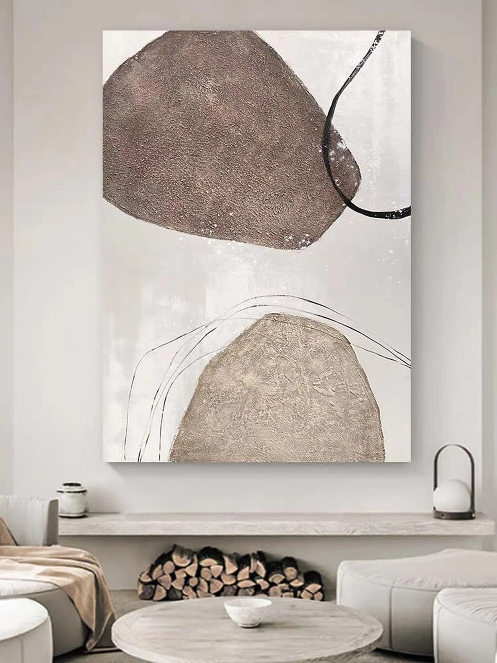 Mhemyo Kubistisk Abstrakt Ansiktsmålning Handgjord – Beige Brun Canvas Vardagsrum