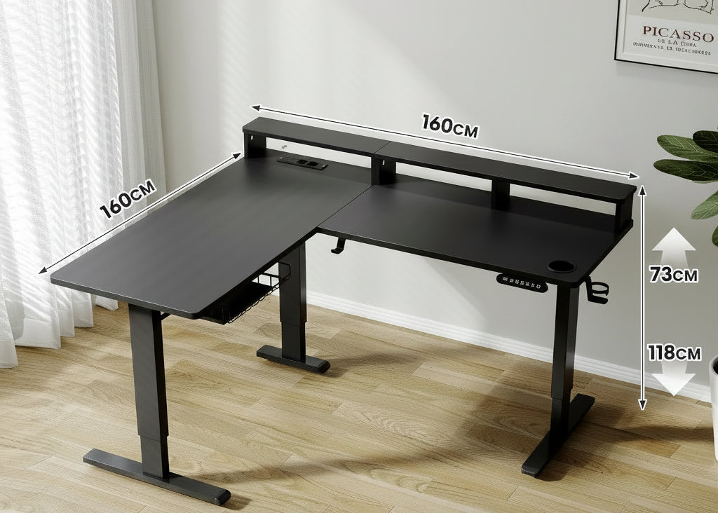 L-format Skrivbord Höj/Sänkbart – Eluttag