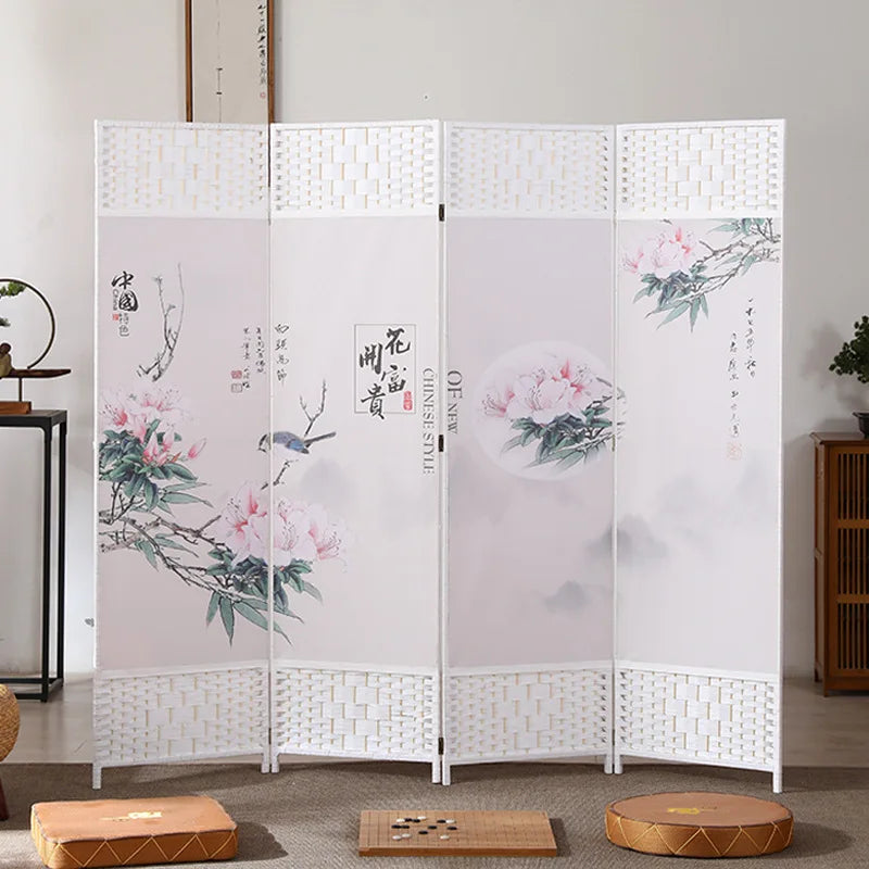 4-Panels Asiatisk Rumsavdelare Körsbärsblom & Fågel – Kalligrafi Brunt Trä