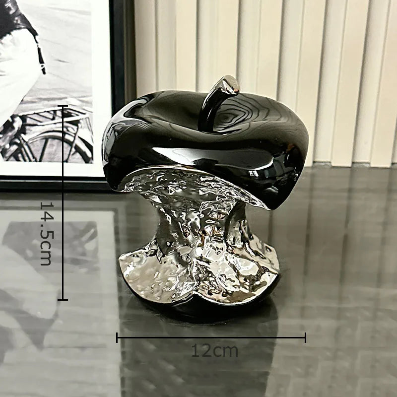 Silverbelagd Bettat Äpple Fruktskulptur – Keramik Skrivbordsdekor Modern Konst
