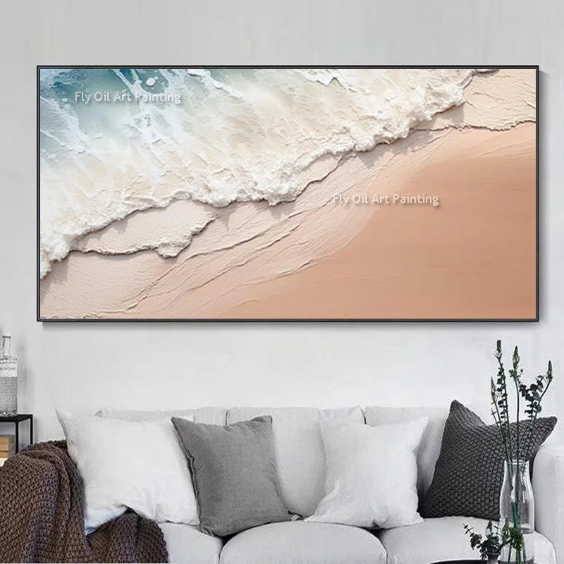 Havsvågor Abstrakt Oljemålning Tjock Textur – Wabi-Sabi Earthtone Canvas Konst