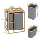 Tvättkorg 3 Fack Tyg & Bambu 50×32×69,7 cm – Sortering Badrum & Tvättstuga