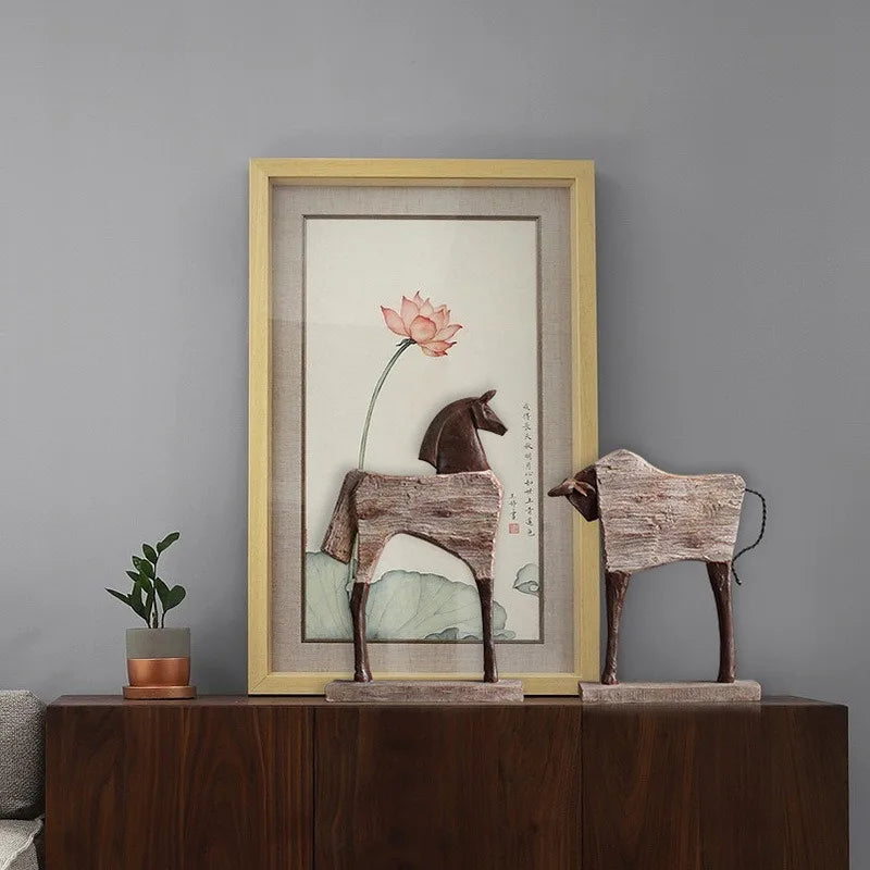 Rustik Häst & Tjur Skulptur Nordisk – Minimalistisk Hylldekor Vardagsrum