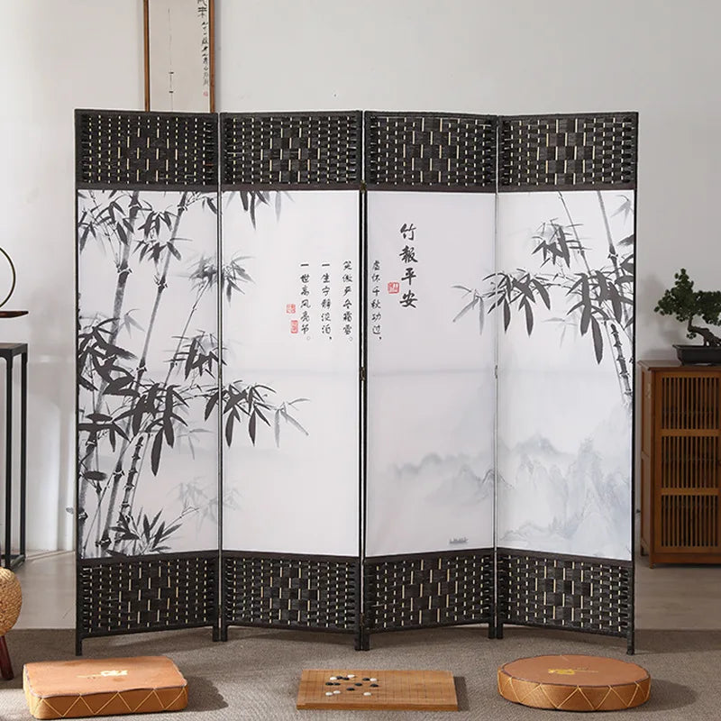 4-Panels Asiatisk Rumsavdelare Körsbärsblom & Fågel – Kalligrafi Brunt Trä