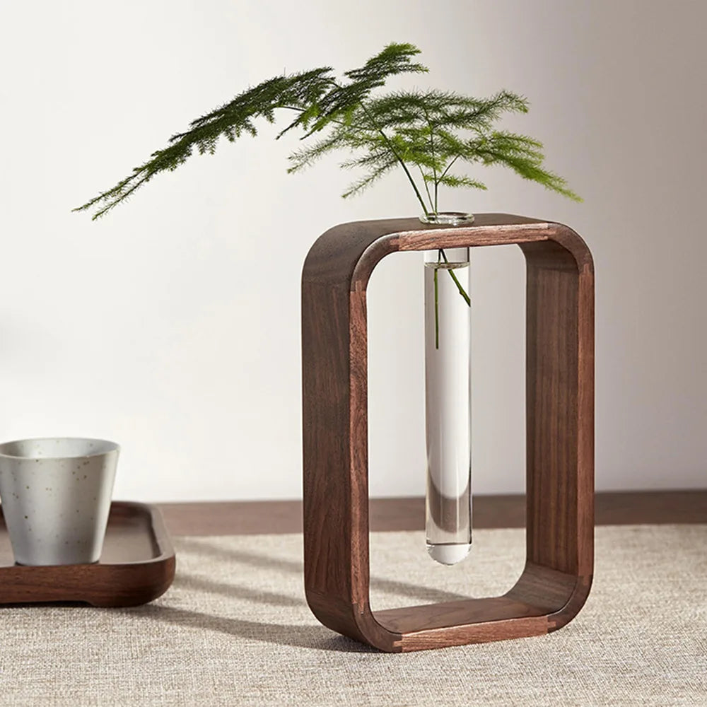 HeMu Minimalistisk Träram Provrörsvas Valnöt – Hydroponisk Blommig Vardagsrum