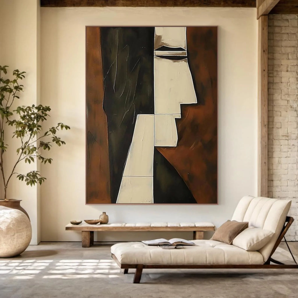 Mhemyo Kubistisk Abstrakt Ansiktsmålning Handgjord – Beige Brun Canvas Vardagsrum
