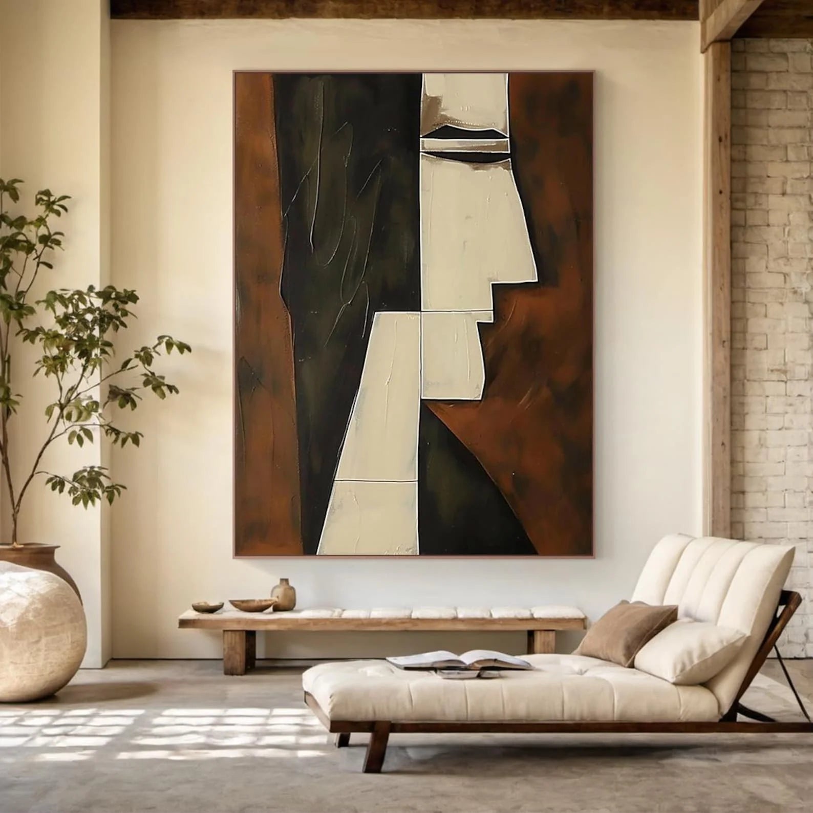 Mhemyo Kubistisk Abstrakt Ansiktsmålning Handgjord – Beige Brun Canvas Vardagsrum