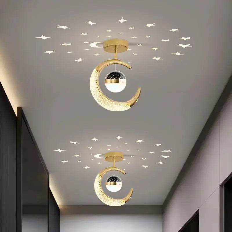 Kreativ Måne & Stjärnor LED Taklampa – Guld & Svart Loft