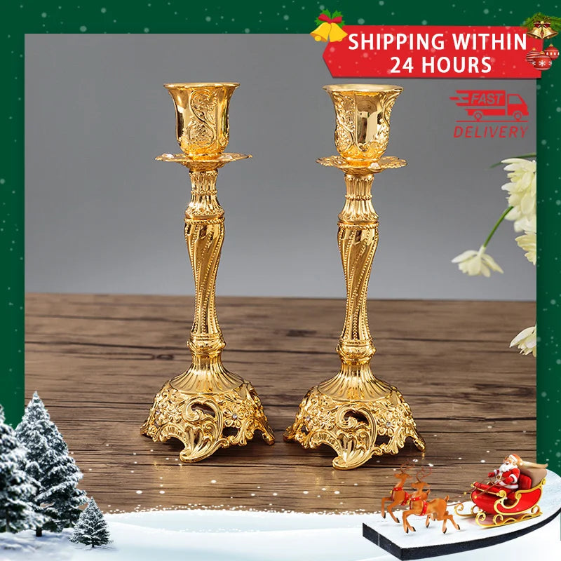 2-Pack Guld & Silver Ljusstake Europeisk – Bröllop Metallantik Bordsdekor