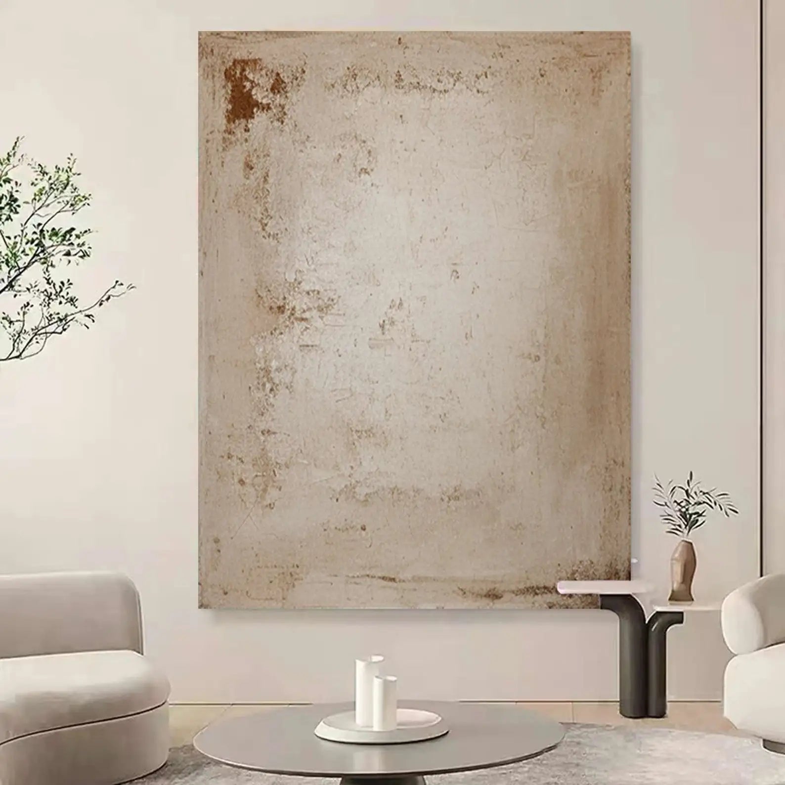 Mhemyo Kubistisk Abstrakt Ansiktsmålning Handgjord – Beige Brun Canvas Vardagsrum