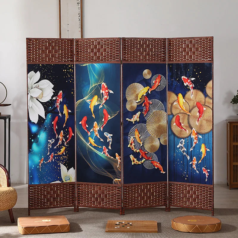 4-Panels Asiatisk Rumsavdelare Körsbärsblom & Fågel – Kalligrafi Brunt Trä