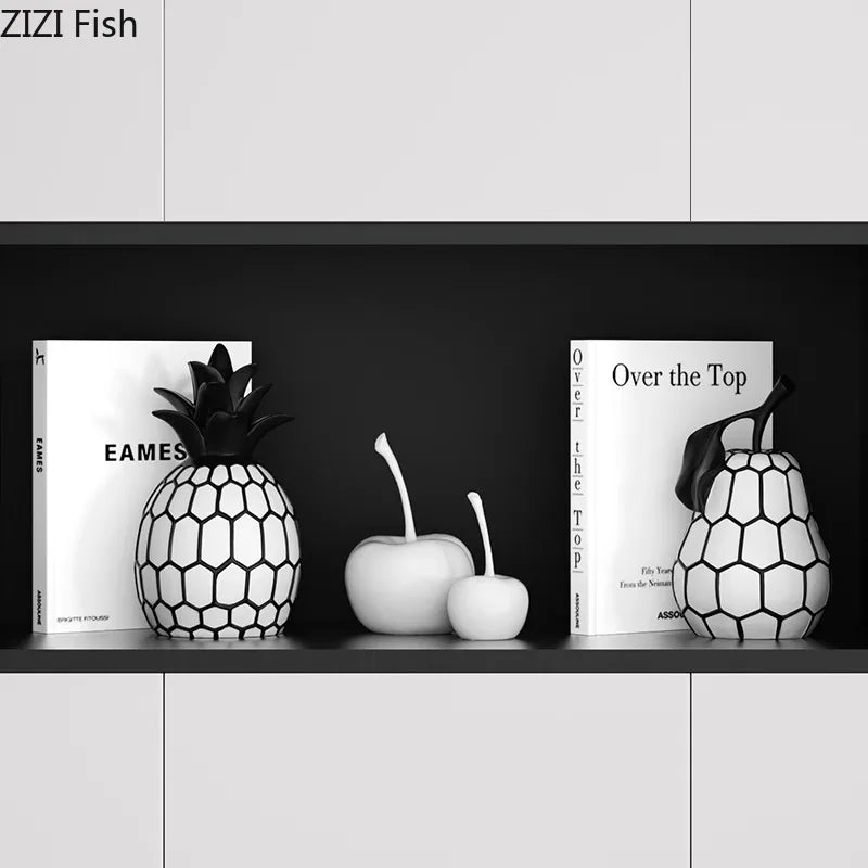 Svartvit Rand Äpple & Ananas Staty – Minimalistisk Resin Skrivbordsskulptur