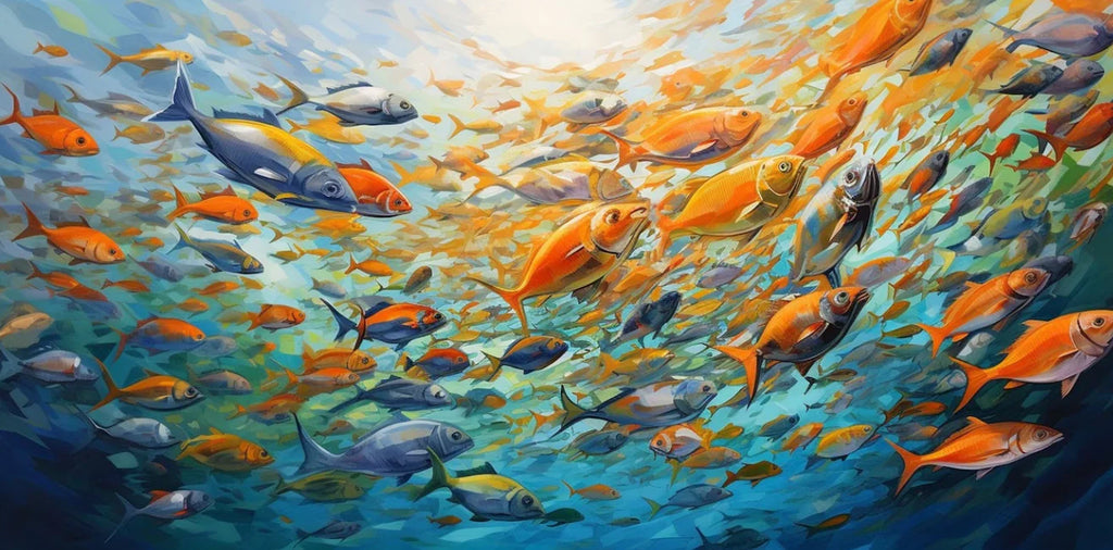 Nordisk Abstrakt Blå Fisk Canvasmålning – Stor Graffiti Poster Vardagsrum