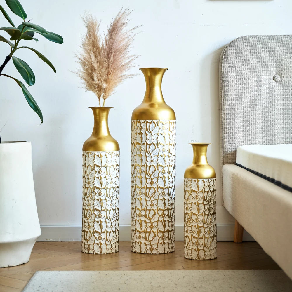3-Pack Guld & Vit Golvvaser 50/66/85 cm – Blommönster Metall Hem & Trädgård