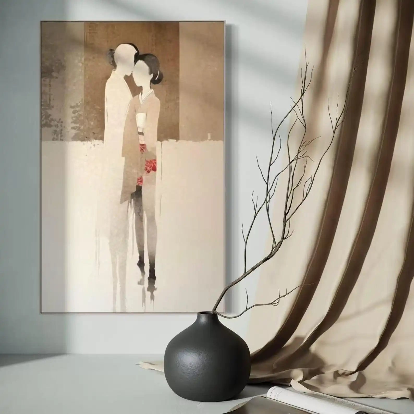 Mhemyo Kubistisk Abstrakt Ansiktsmålning Handgjord – Beige Brun Canvas Vardagsrum