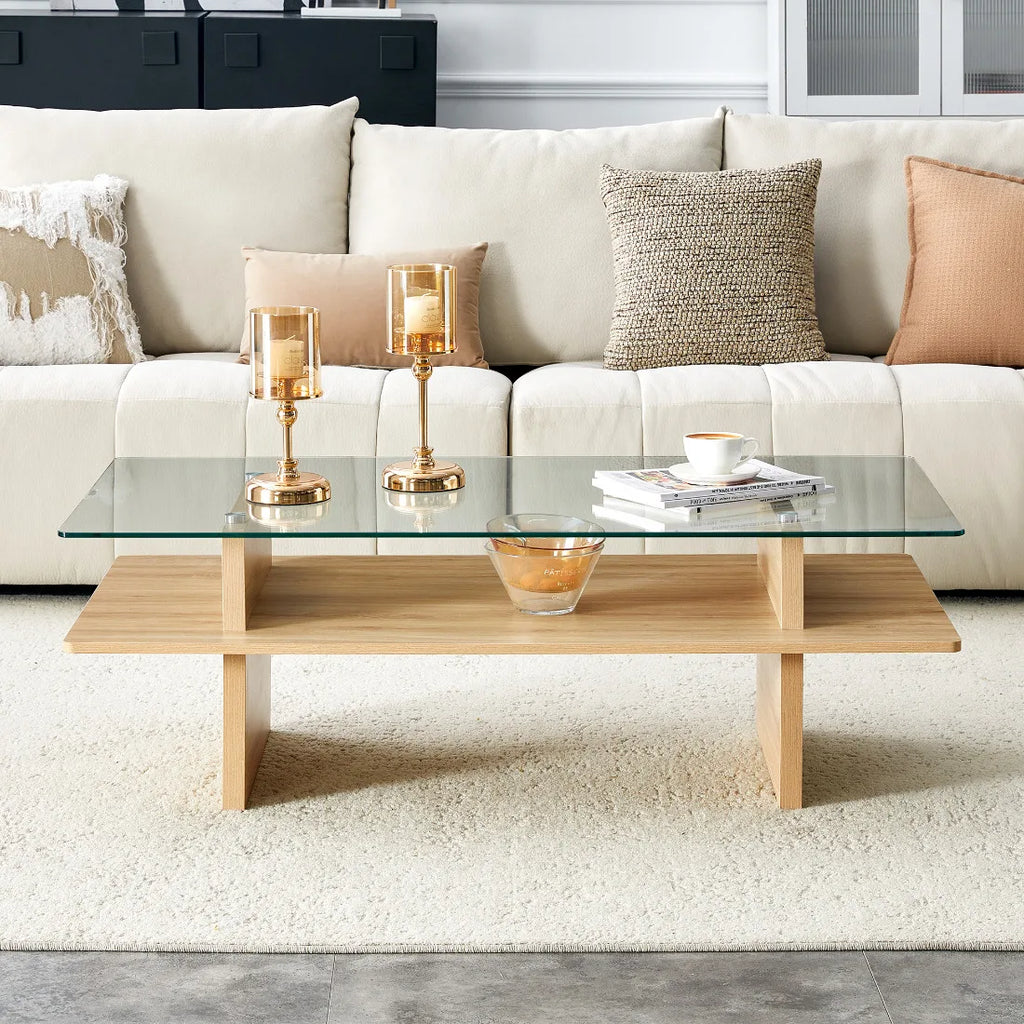 Soffbord 2-plan Glas & MDF – Träfinish
