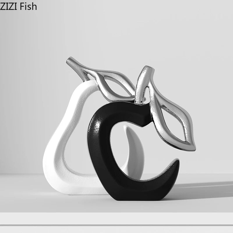 Svartvit Rand Äpple & Ananas Staty – Minimalistisk Resin Skrivbordsskulptur