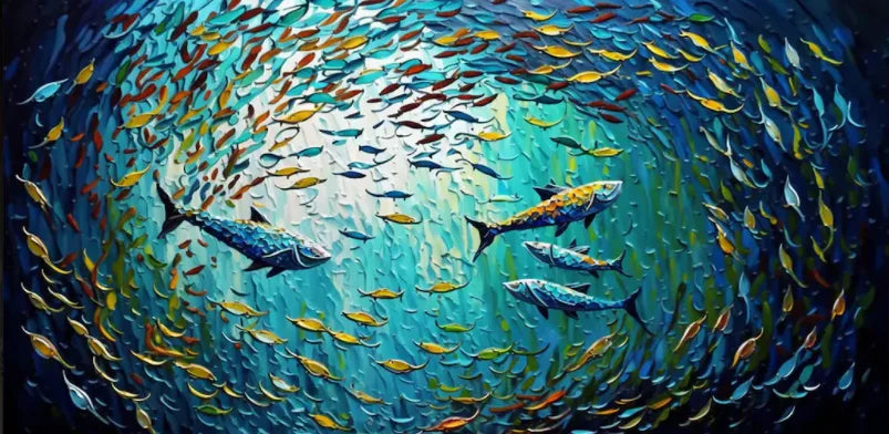 Nordisk Abstrakt Blå Fisk Canvasmålning – Stor Graffiti Poster Vardagsrum
