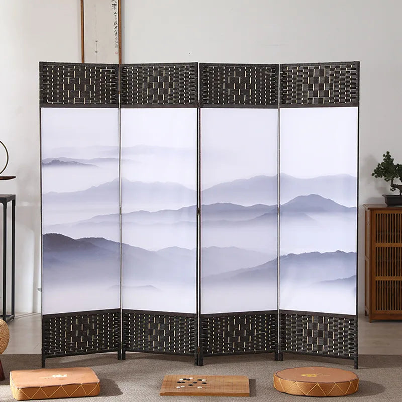 4-Panels Asiatisk Rumsavdelare Körsbärsblom & Fågel – Kalligrafi Brunt Trä