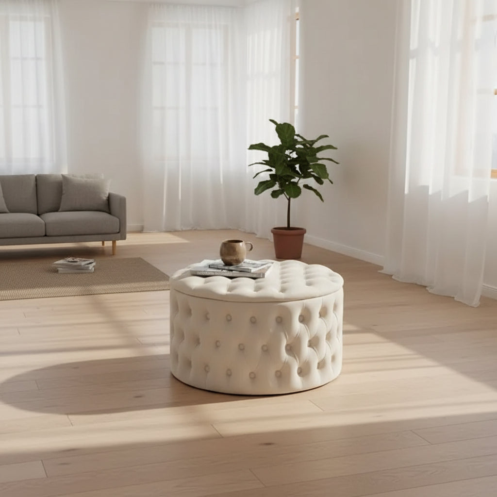Rund Sittpuff i Sammet – Fotpall & Sittpall