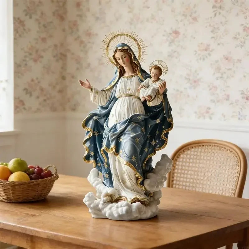 Madonna & Barn Akryls Skulptur 2D med Bas – Religiös Hemdekor Katolsk