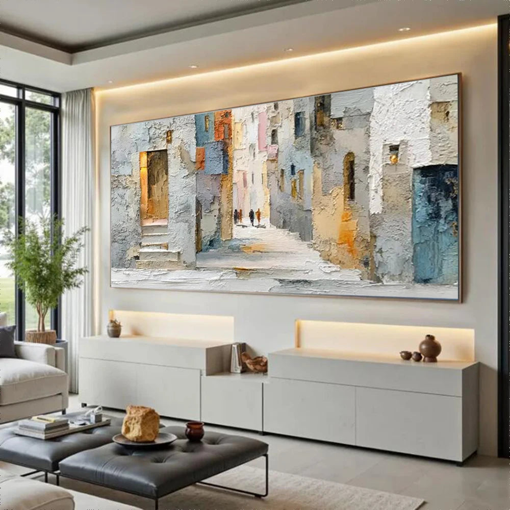 Handgjord Abstrakt Oljemålning Gammal Stadsdel – Canvas Väggkonst Mural