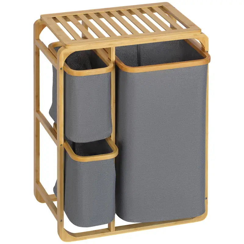 Tvättkorg 3 Fack Tyg & Bambu 50×32×69,7 cm – Sortering Badrum & Tvättstuga