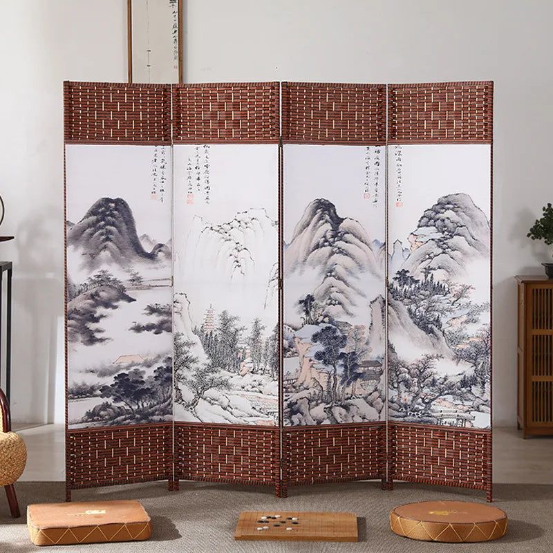 4-Panels Asiatisk Rumsavdelare Körsbärsblom & Fågel – Kalligrafi Brunt Trä