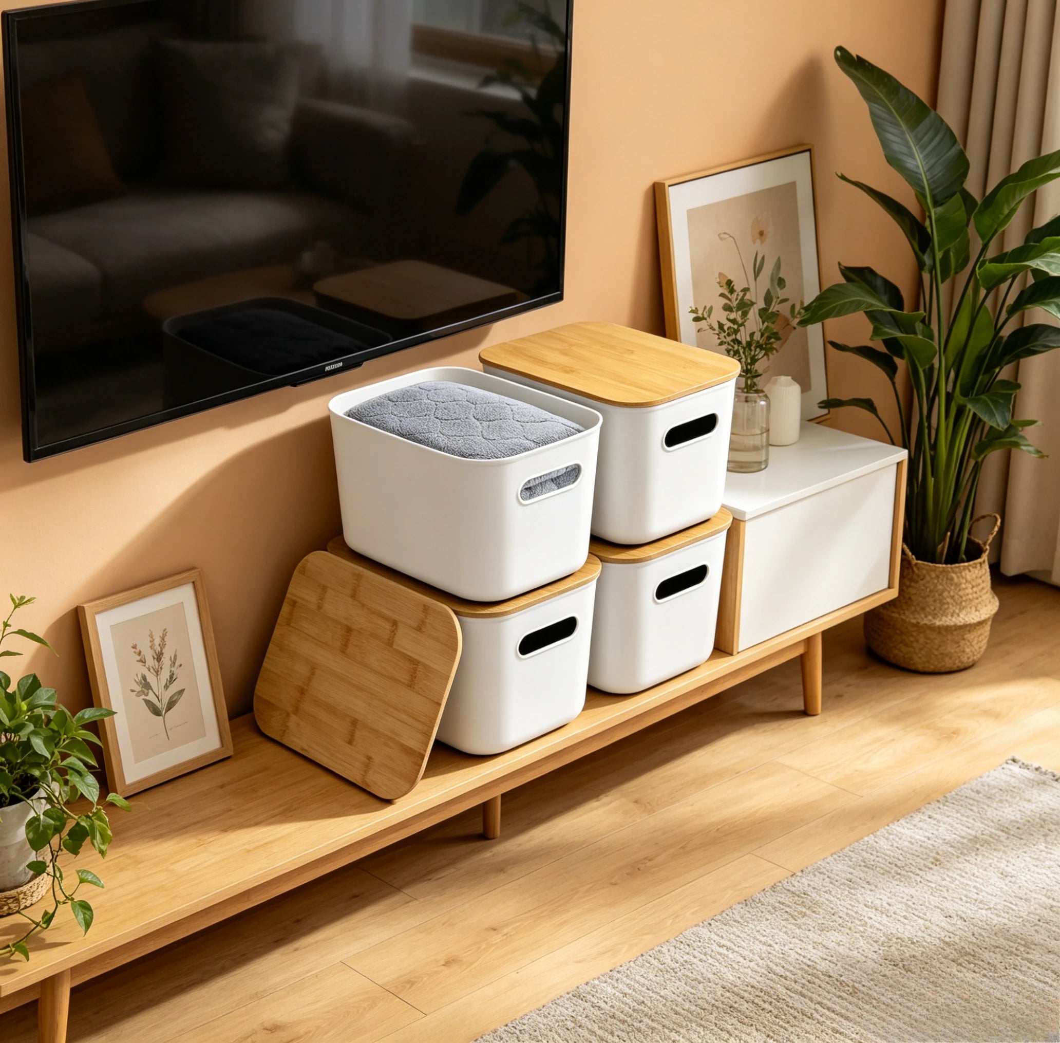 4-Pack Plastlådor med Bambullock & Handtag – Stapelbar Hem & Kontorsorganisering