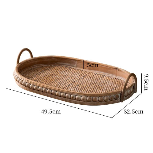 Vintage Rattan Bricka Japansk Stil – Bohemisk Frukt & Te Serverbricka med Handtag