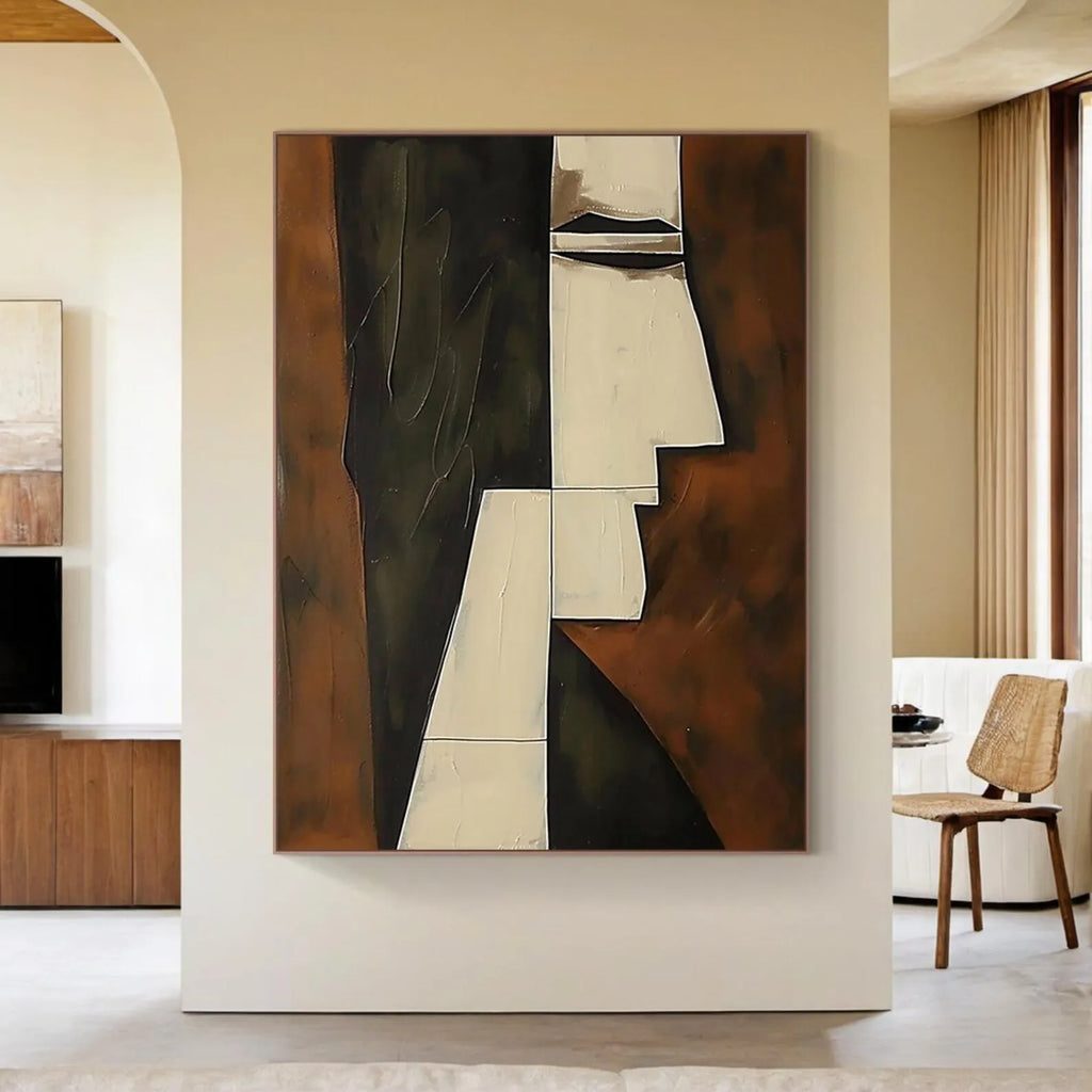 Mhemyo Kubistisk Abstrakt Ansiktsmålning Handgjord – Beige Brun Canvas Vardagsrum