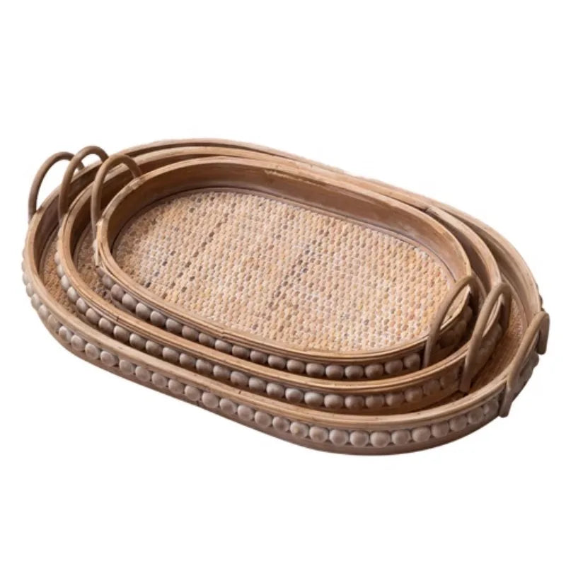 Vintage Rattan Bricka Japansk Stil – Bohemisk Frukt & Te Serverbricka med Handtag
