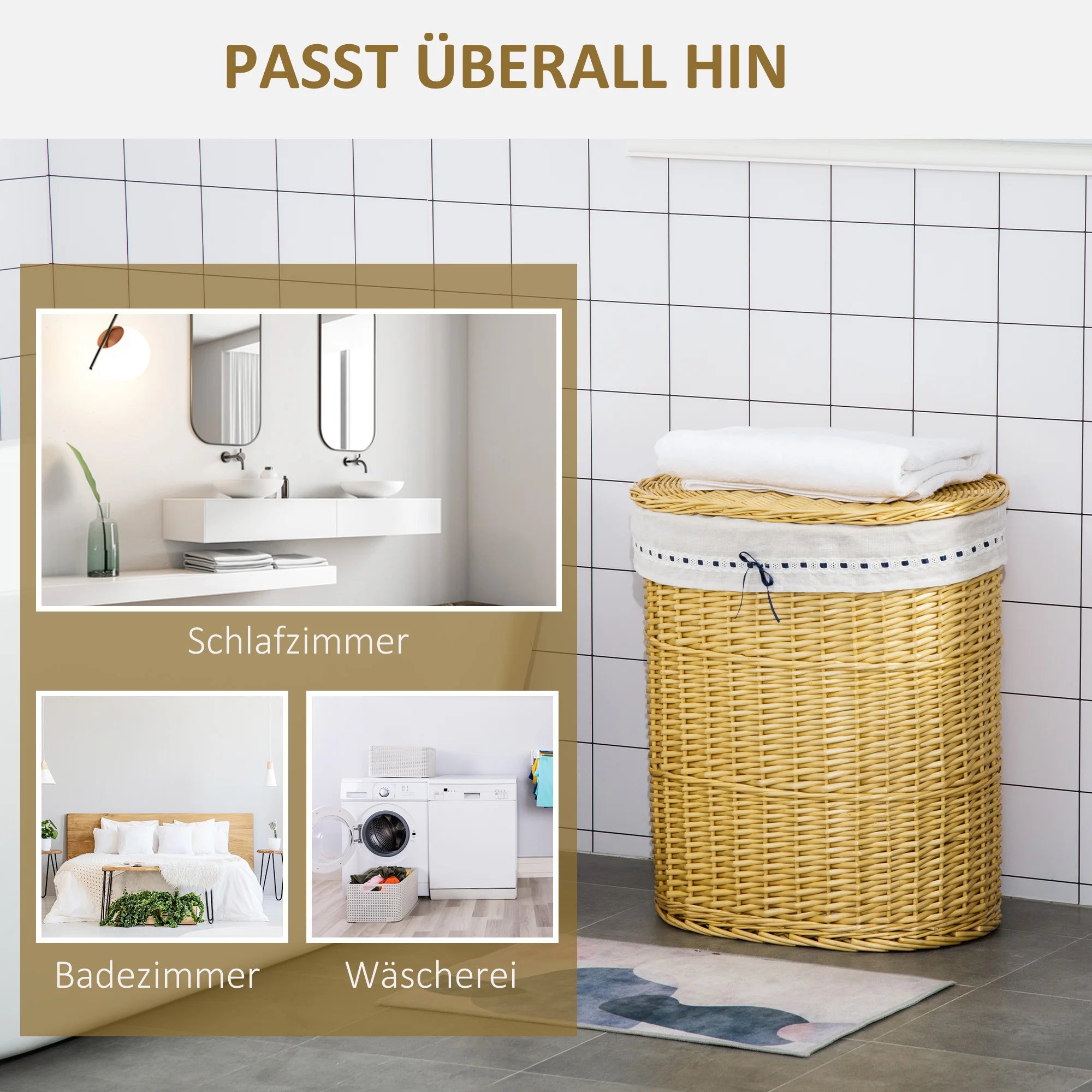 Wickertvättkorg Naturlig Rattan – Avtagbar Innerpåse & Tätande Lock