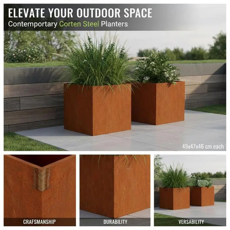 2-Pack Corten-stål Planteringskrukor 49×47×46 cm – Rostig Look Trädgård