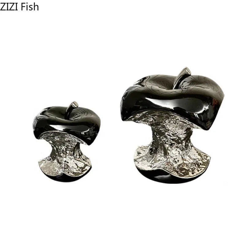 Silverbelagd Bettat Äpple Fruktskulptur – Keramik Skrivbordsdekor Modern Konst