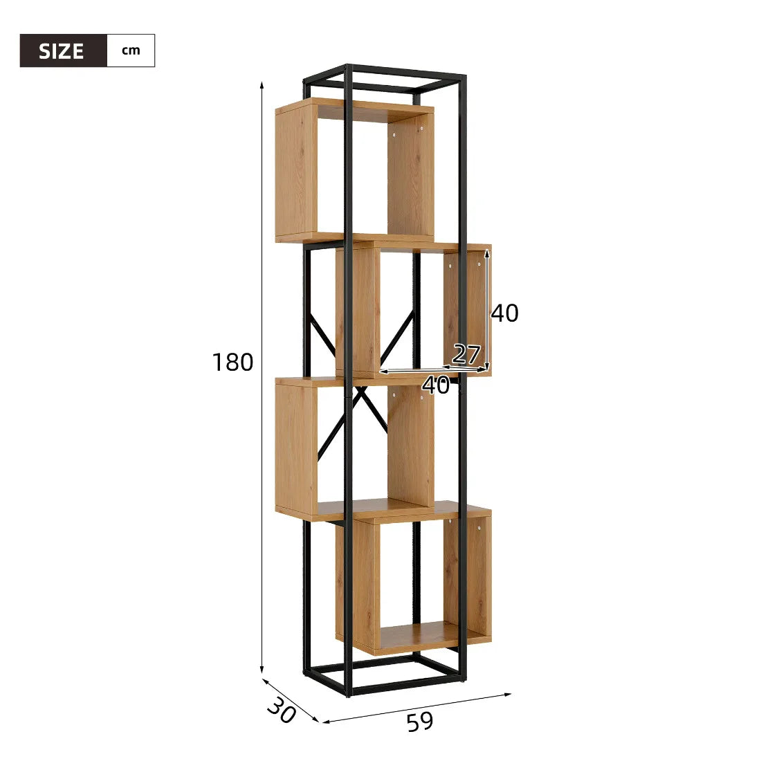 Öppen Bokhylla Metall & MDF 59×30×180 cm – 4 Fack Industriell Fristående