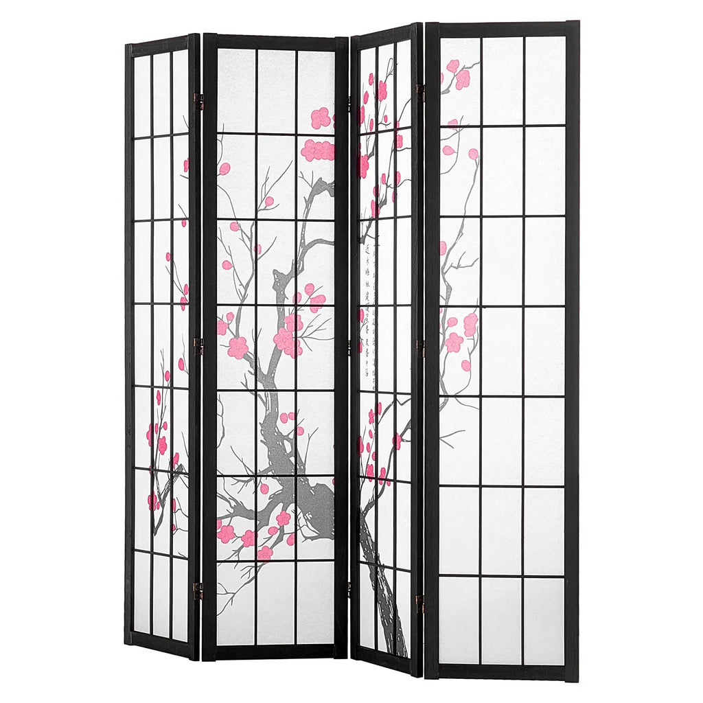 4-Panels Japansk Rumsavdelare Körsbärsblom – Vikbar Trä Privacyskärm