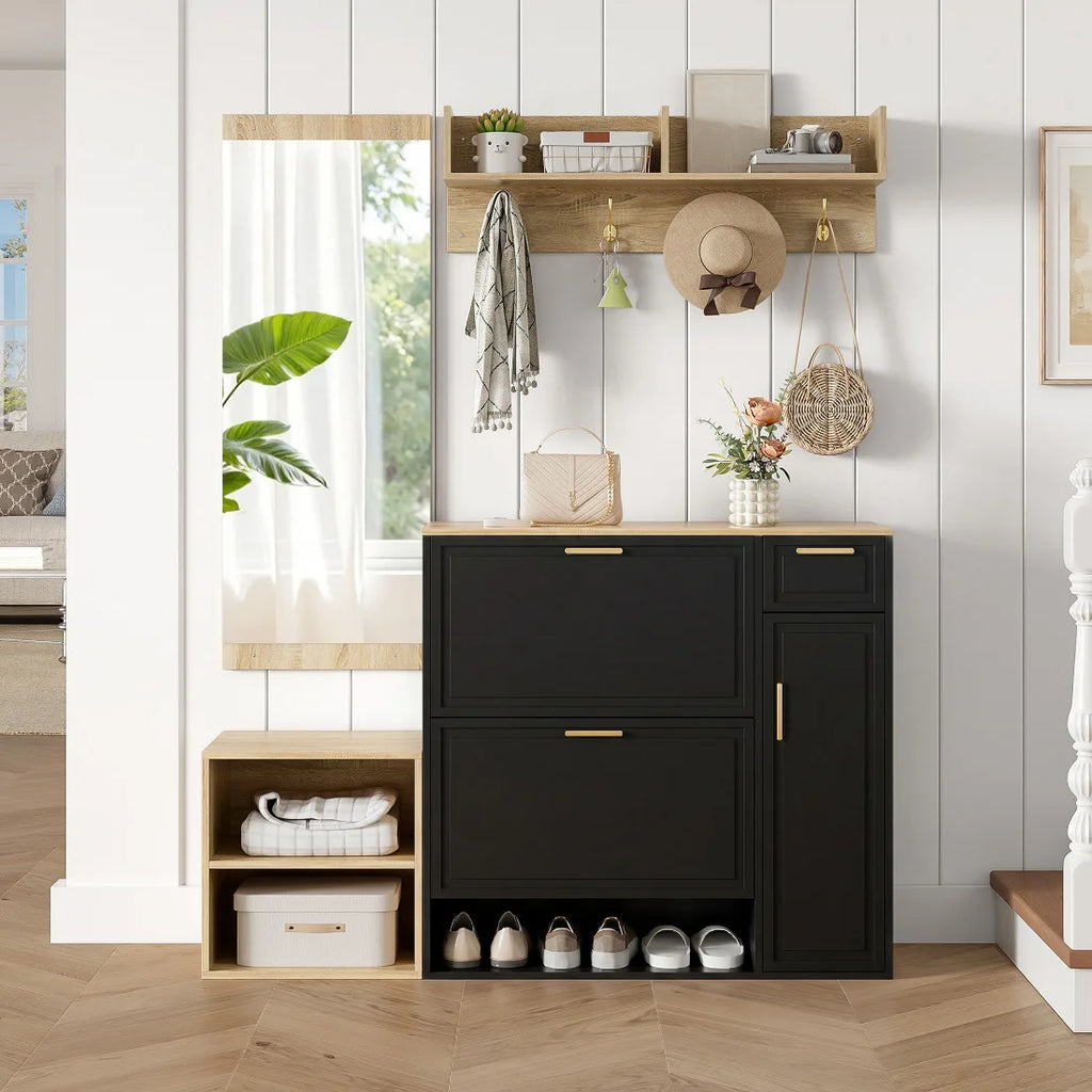 4-Delars Hallmöbelset – Skoskåp, Sittbänk, Kappkrok & Spegel 139,5×35×166 cm