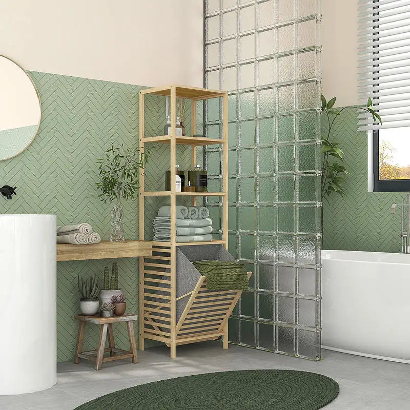 Bambu Badrumshylla 3 Hyllplan & Avtagbar Tvättkorg – 44×33×160 cm