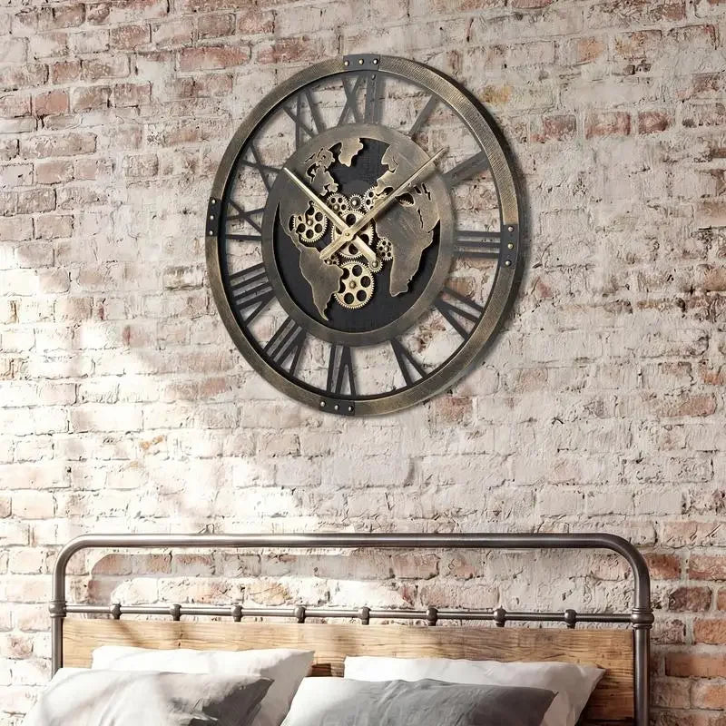 Stor Väggklocka 68 cm Kugghjul Världskarta – Brun Industriell Vintage