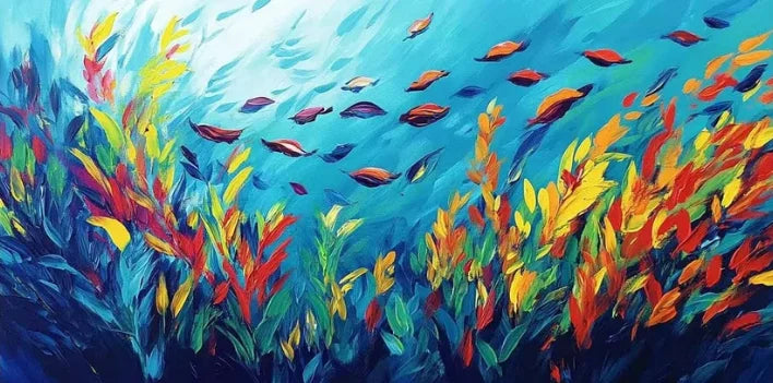 Nordisk Abstrakt Blå Fisk Canvasmålning – Stor Graffiti Poster Vardagsrum