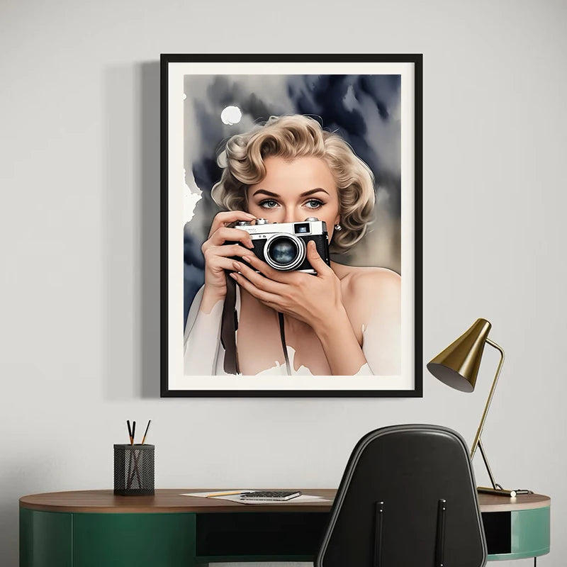 Svartvit Konst Canvas Poster – Kvinna med Kamera Vardagsrum & Badrum