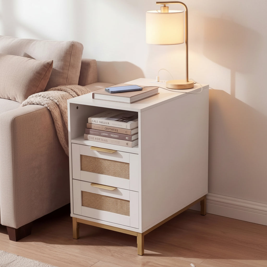 Rattannattduksbord – Laddningsstation & Hylla