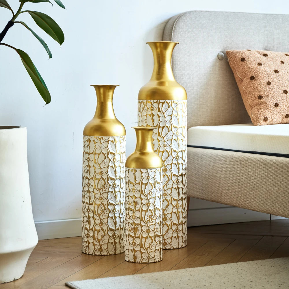 3-Pack Guld & Vit Golvvaser 50/66/85 cm – Blommönster Metall Hem & Trädgård