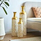 3-Pack Guld & Vit Golvvaser 50/66/85 cm – Blommönster Metall Hem & Trädgård