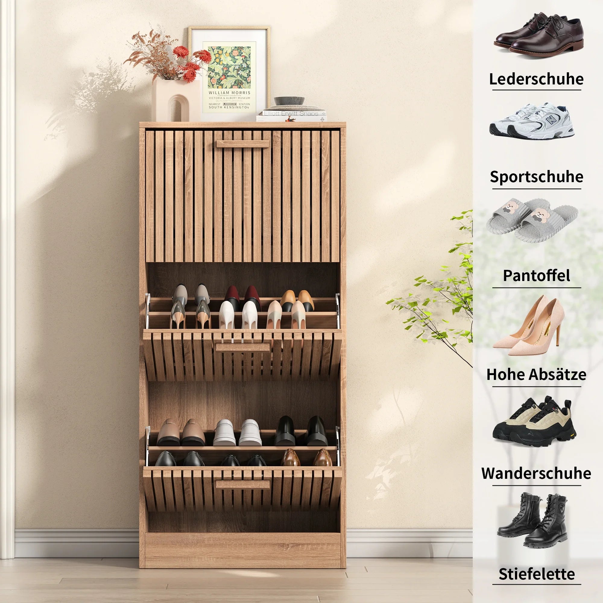 Fangange Rattan Skoskåp Smal – 3 Snedda Dörrar Trägriphandtag Andningsbara Paneler