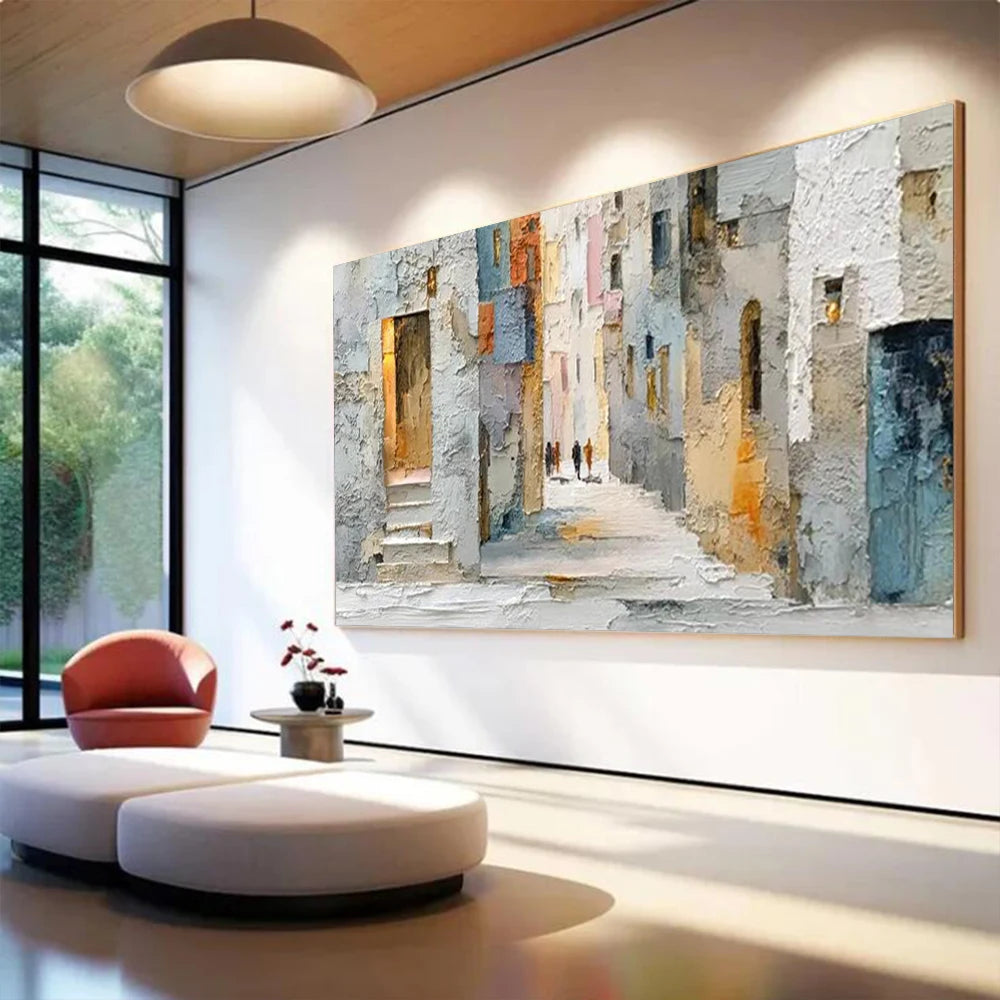 Handgjord Abstrakt Oljemålning Gammal Stadsdel – Canvas Väggkonst Mural
