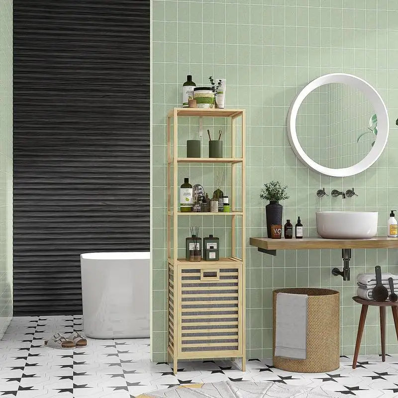 Bambu Badrumshylla 3 Hyllplan & Avtagbar Tvättkorg – 44×33×160 cm