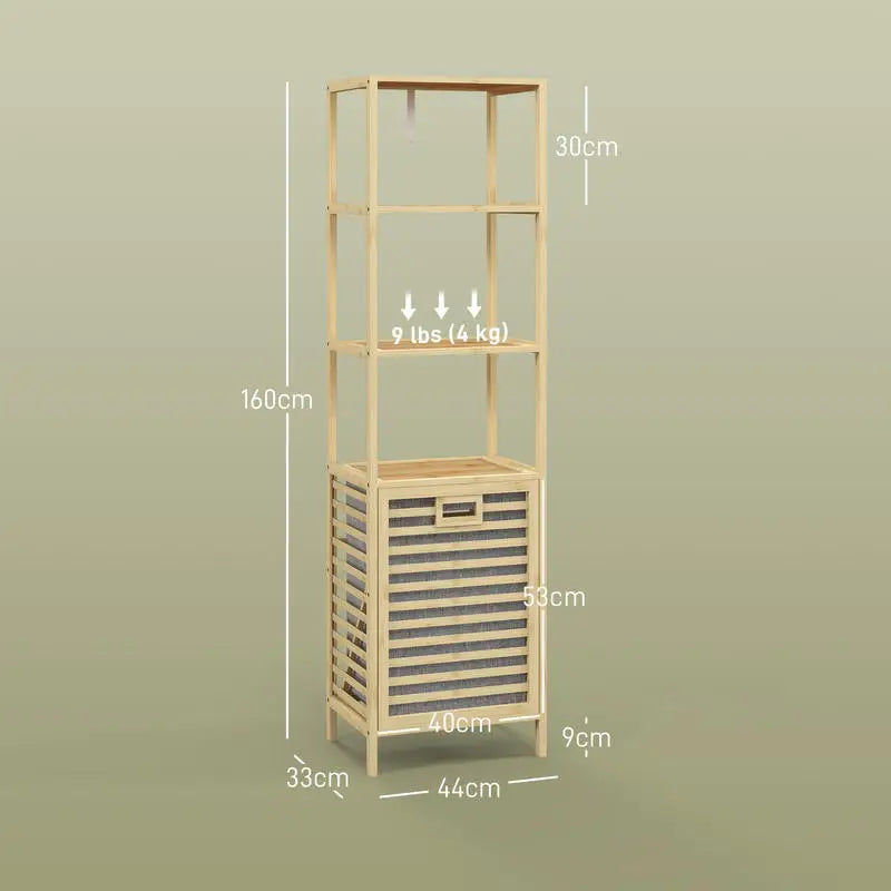 Bambu Badrumshylla 3 Hyllplan & Avtagbar Tvättkorg – 44×33×160 cm