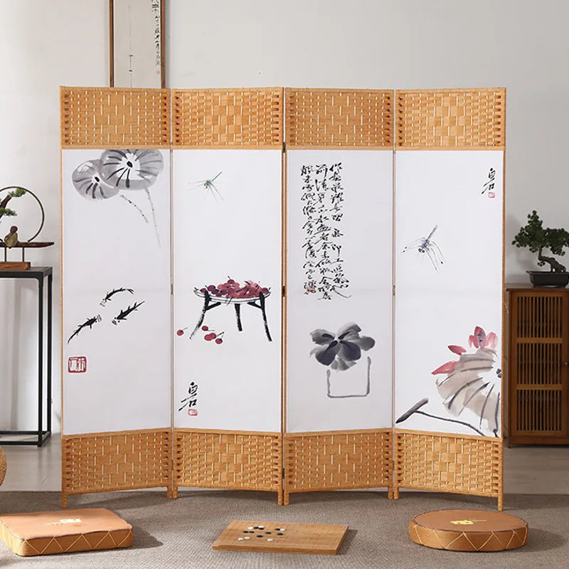 4-Panels Asiatisk Rumsavdelare Körsbärsblom & Fågel – Kalligrafi Brunt Trä